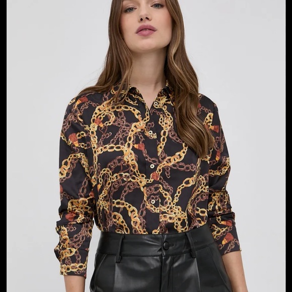 New Marciano logo guess gold chain printed long sleeve collar button blouse S - Picture 2 of 9
